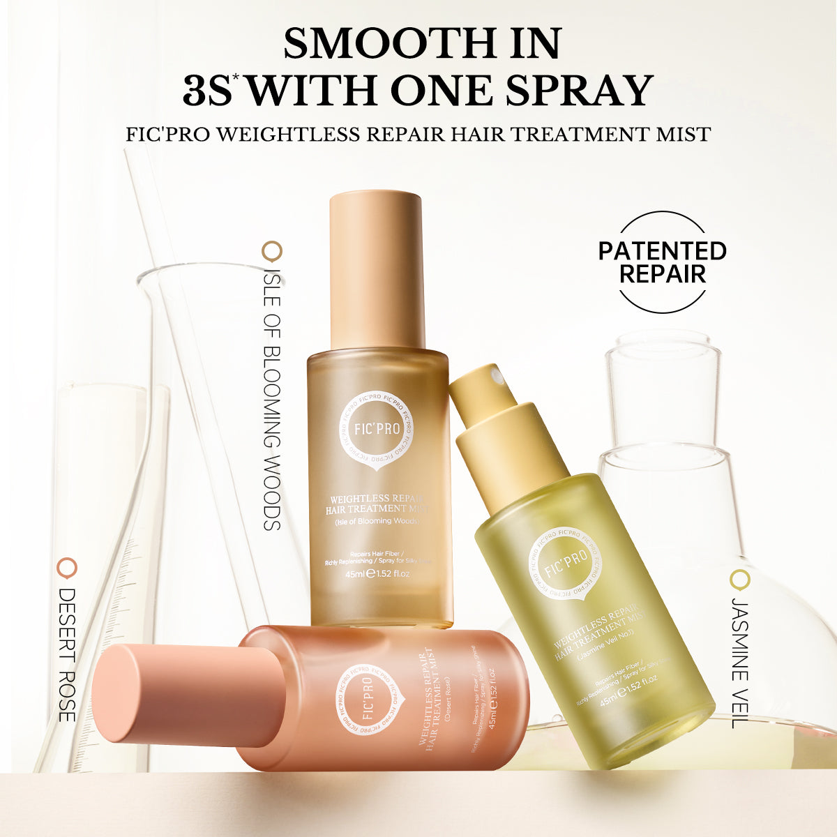FIC’PRO weightless repair hair treatment mist in three fragrances for smooth shiny frizz-control hair care