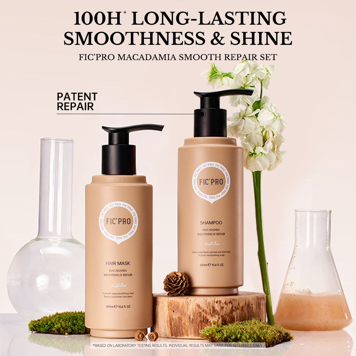 FIC'PRO Australian Macadamia smooth repair shampoo and hair mask set for 100H long-lasting shine.