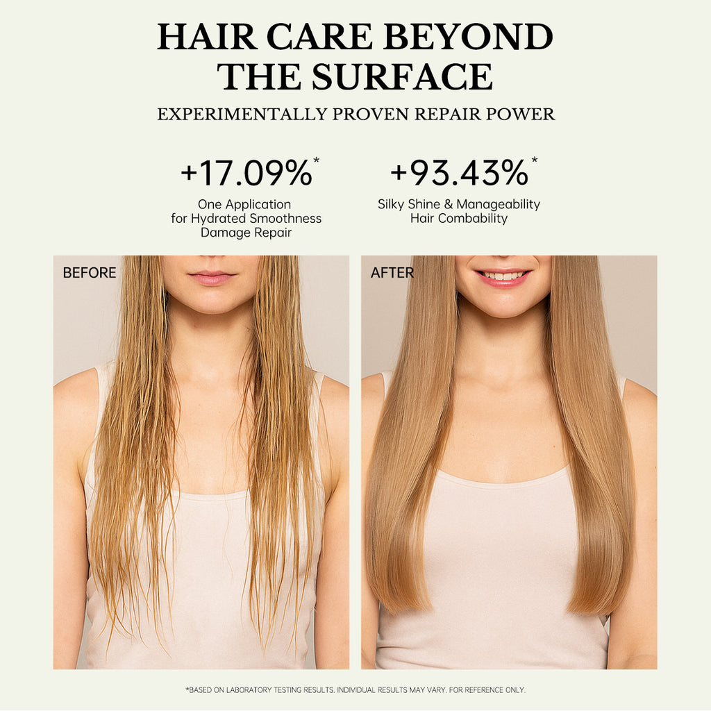 Before and after comparison of hair smoothness showing 99% frizz improvement after using FIC'PRO Macadamia set.