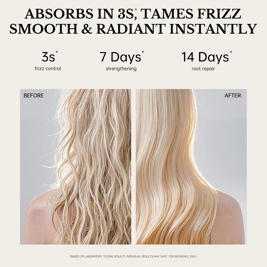 Before and after hair comparison showing FIC’PRO hair treatment mist for frizz control smoothness and stronger-looking hair