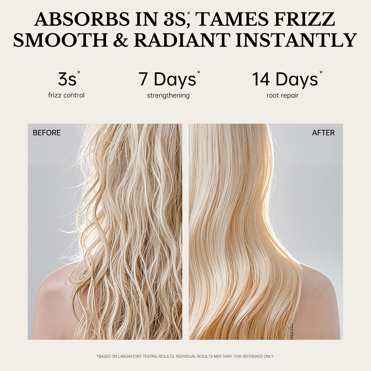 Before and after hair comparison showing FIC’PRO hair treatment mist for frizz control smoothness and stronger-looking hair