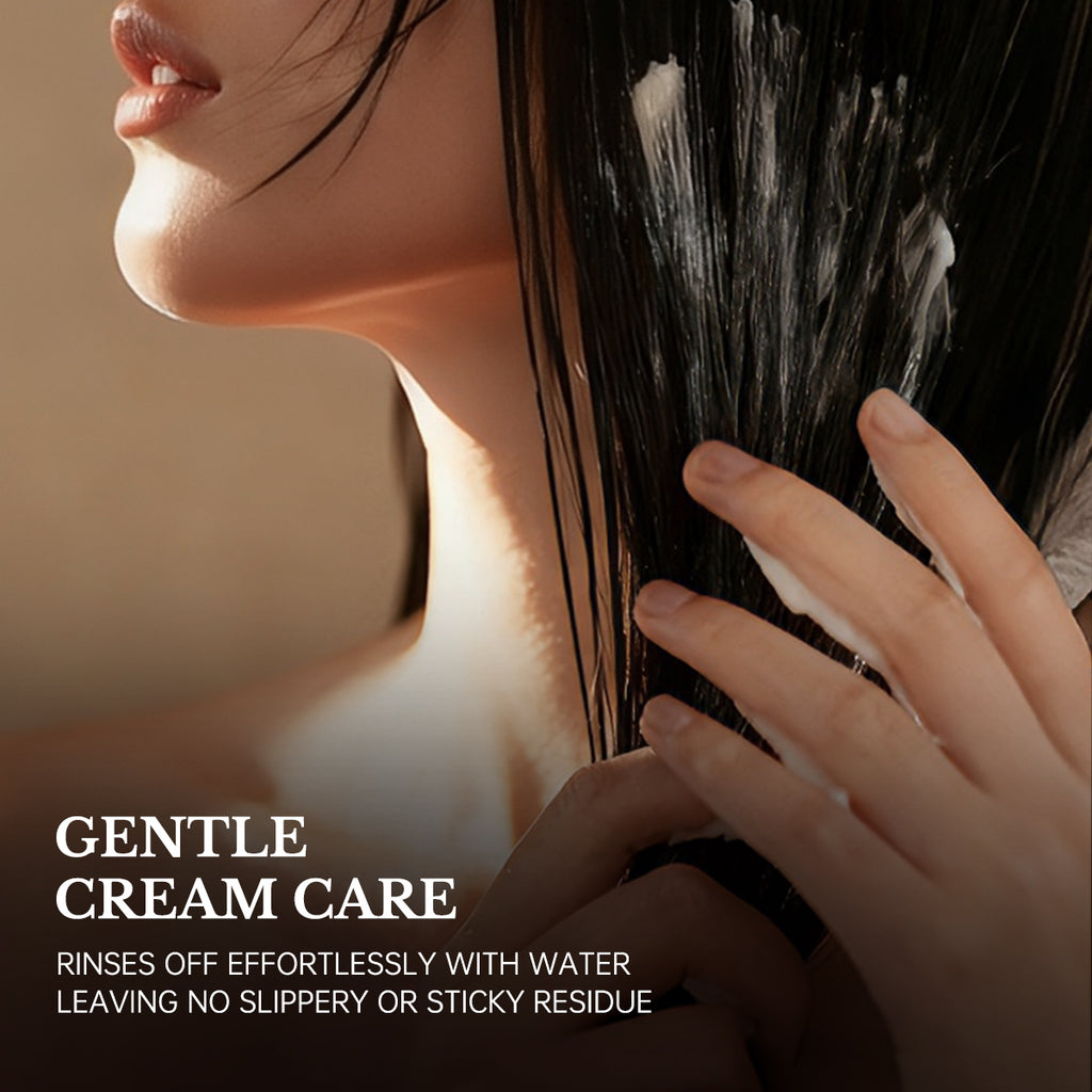 A woman applying a creamy hair mask to damp hair, showing a weightless and non-greasy texture.