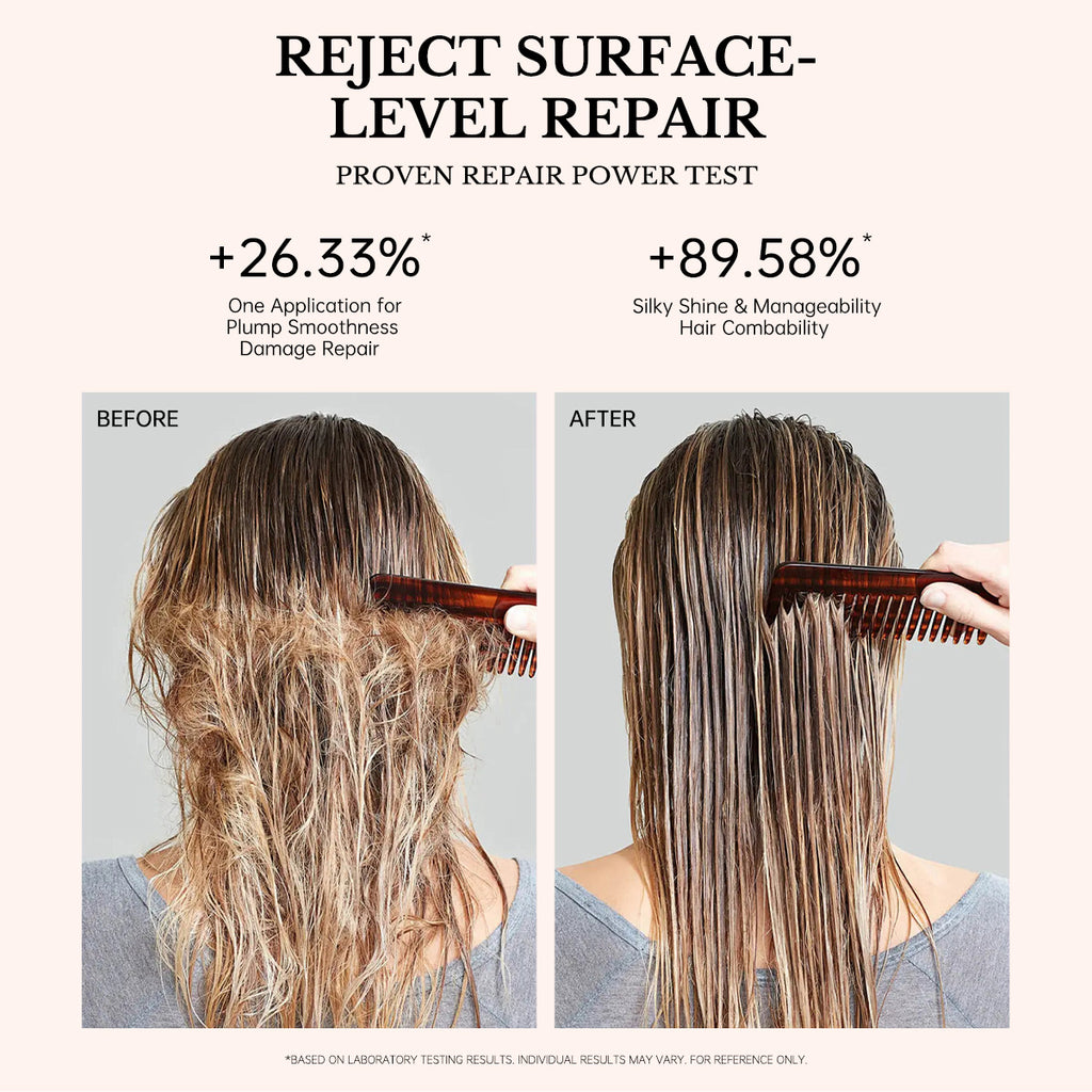 Comparison of frizzy damaged hair before and smooth silky hair after using FIC'PRO Macadamia treatment.