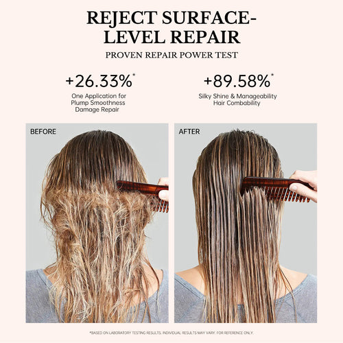 Comparison of frizzy damaged hair before and smooth silky hair after using FIC'PRO Macadamia treatment.