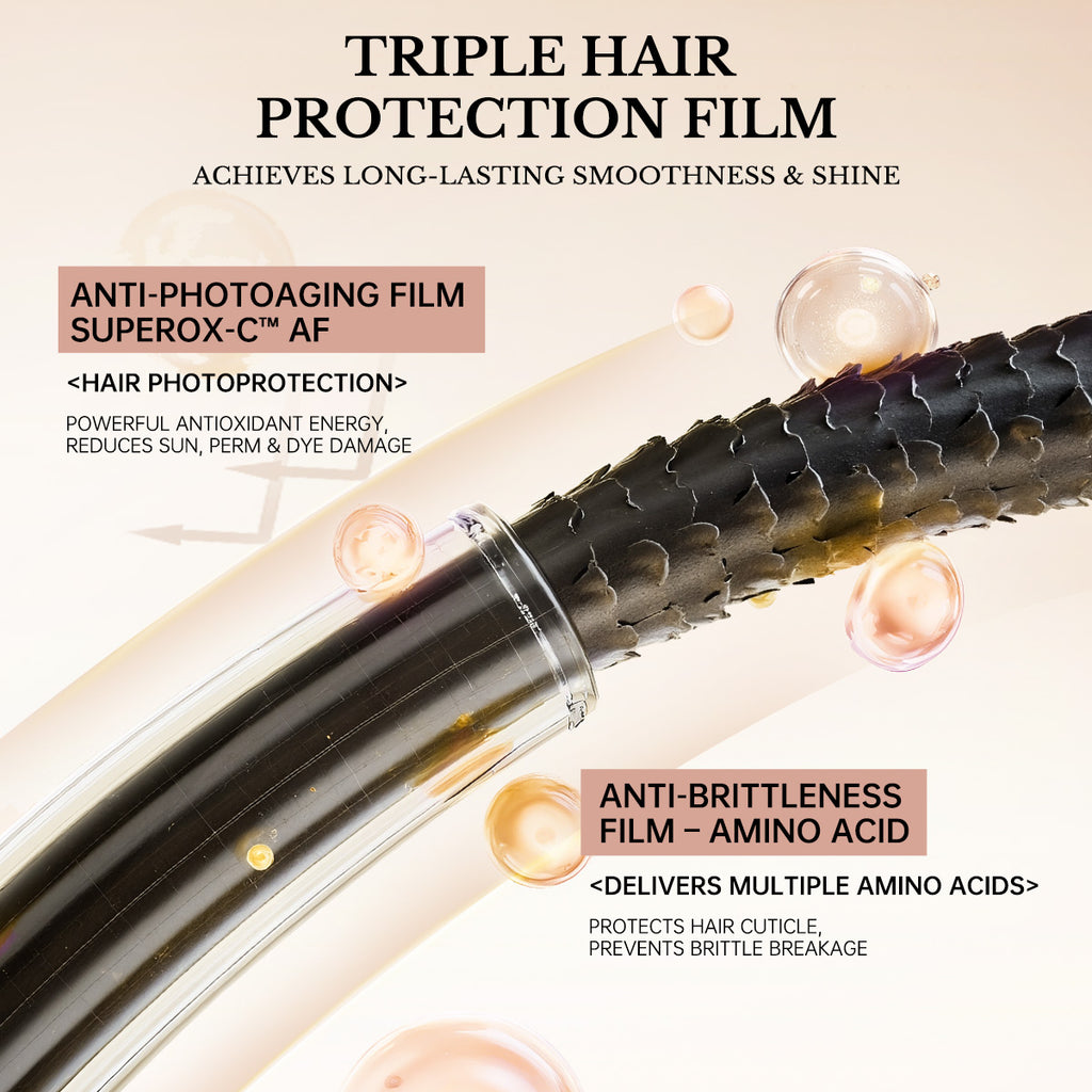 Diagram showing triple hair protection film and amino acid penetration into hair fiber.