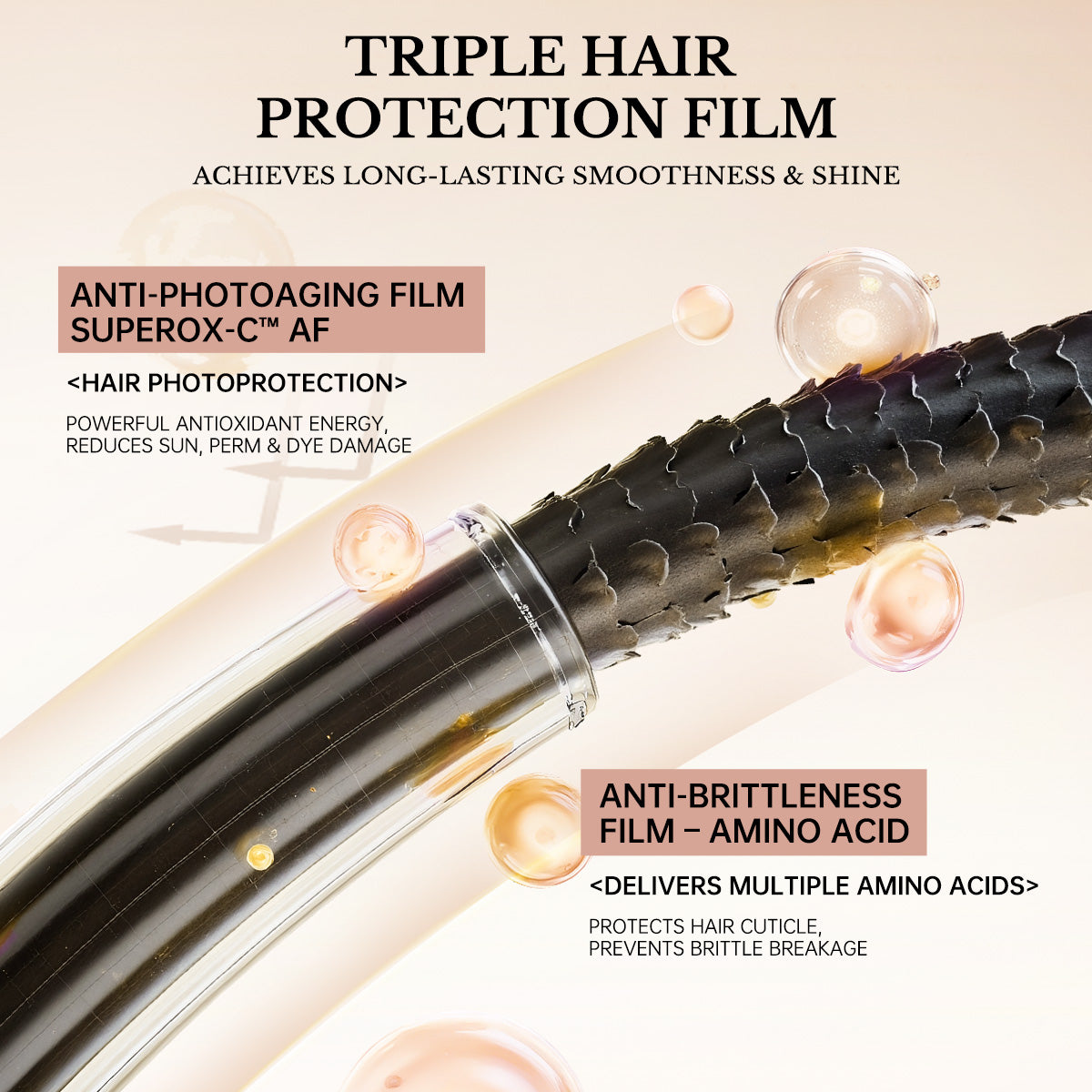 Diagram showing triple hair protection film and amino acid penetration into hair fiber.