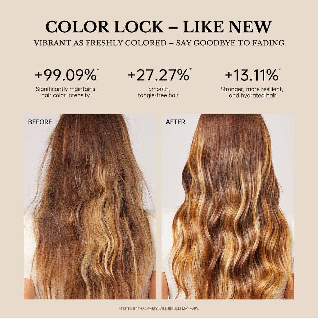 Before and after comparison showing smoother vibrant-looking color-treated hair after hair mask use