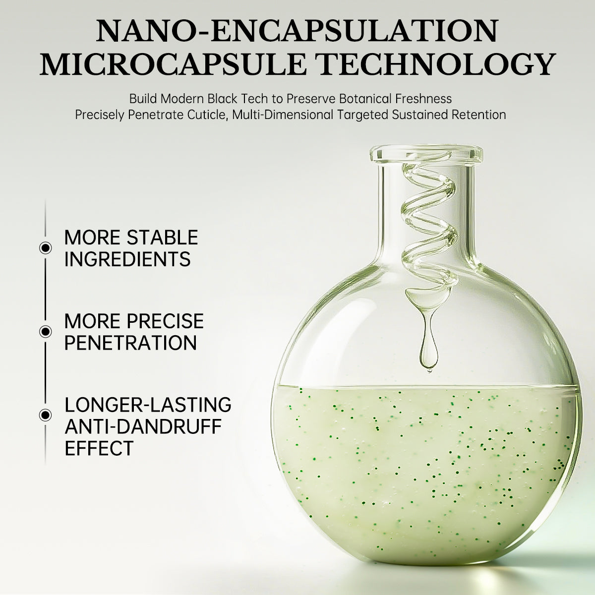 Laboratory flask demonstrating nano-encapsulation technology for hair care penetration.