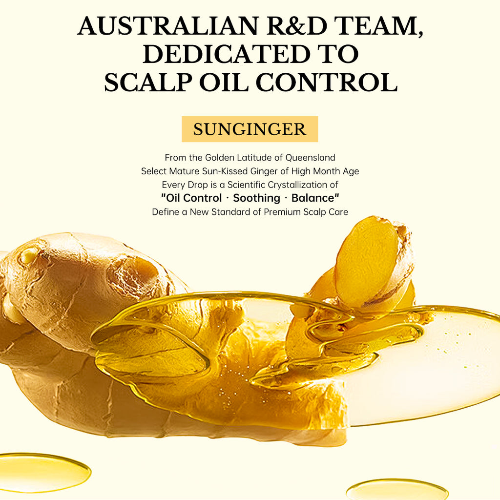Fresh ginger root slices with golden essential oil drops, representing Australian R&D.