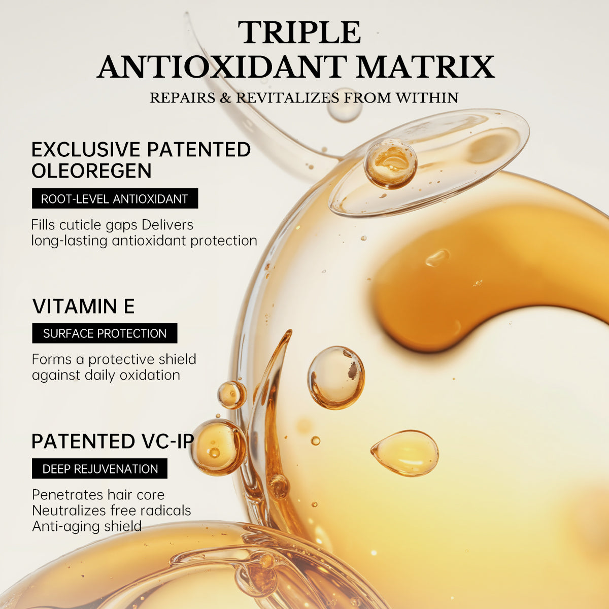 Triple antioxidant hair care formula with Oleoregen Vitamin E and VC-IP for repair and revitalized hair appearance