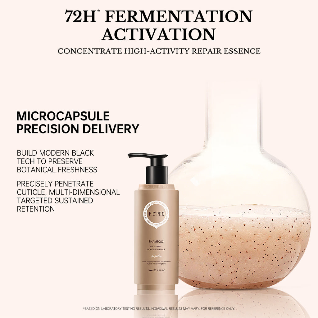 Laboratory flask illustrating 72H fermentation activation and microcapsule precision delivery in FIC'PRO shampoo.