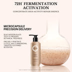 Laboratory flask illustrating 72H fermentation activation and microcapsule precision delivery in FIC'PRO shampoo.