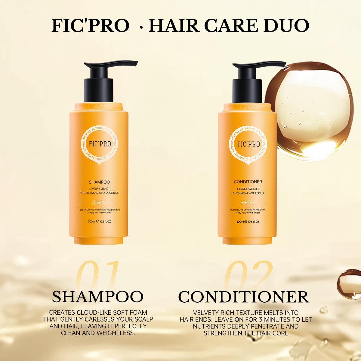FIC’PRO ginger shampoo and conditioner duo for anti-breakage repair and smooth hair care
