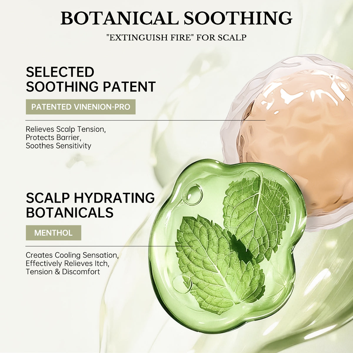 Botanical extracts and menthol leaves representing scalp soothing and itch relief technology.