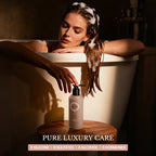 Woman enjoying a bath with FIC'PRO sulfate-free and silicone-free macadamia shampoo.