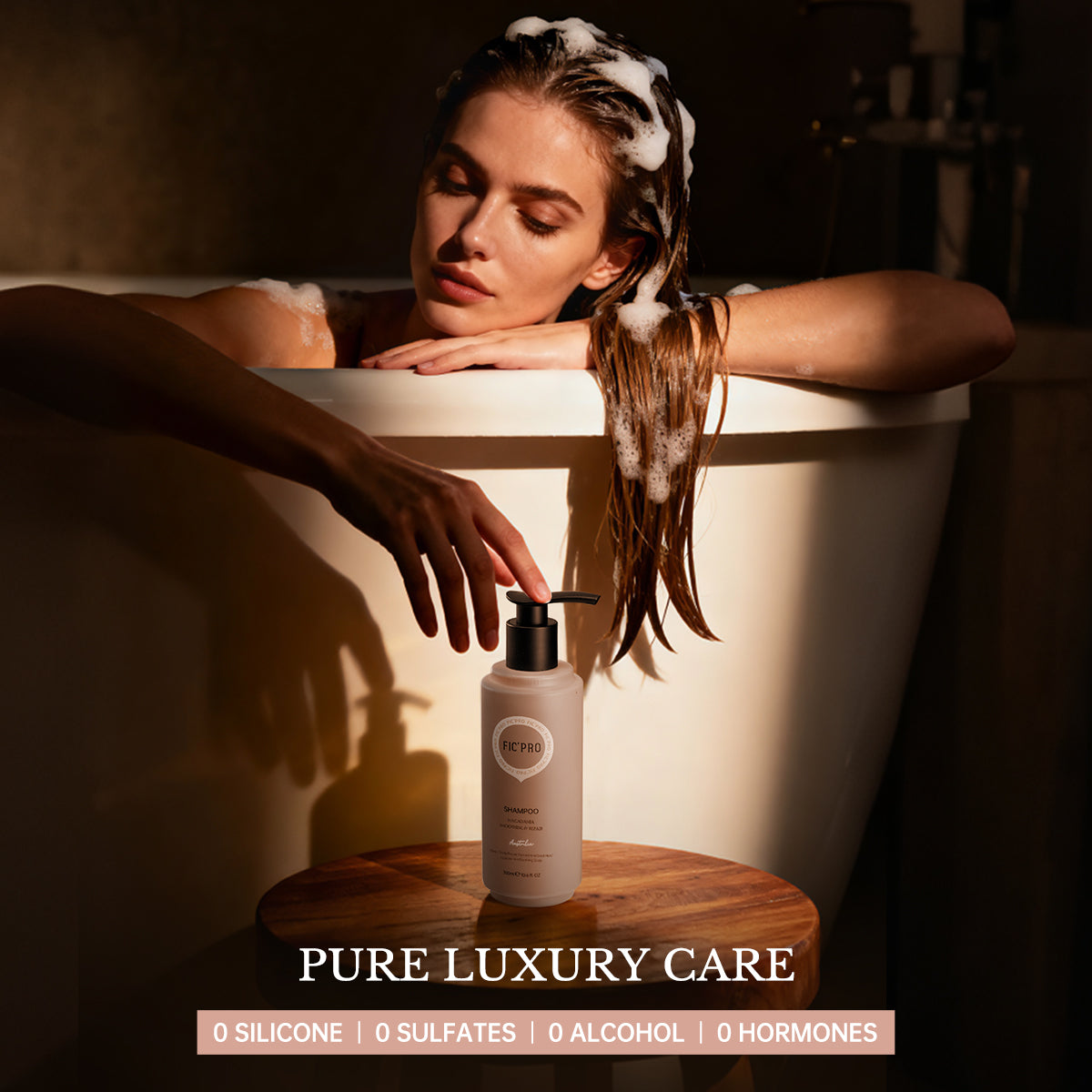 Woman enjoying a bath with FIC'PRO sulfate-free and silicone-free macadamia shampoo.