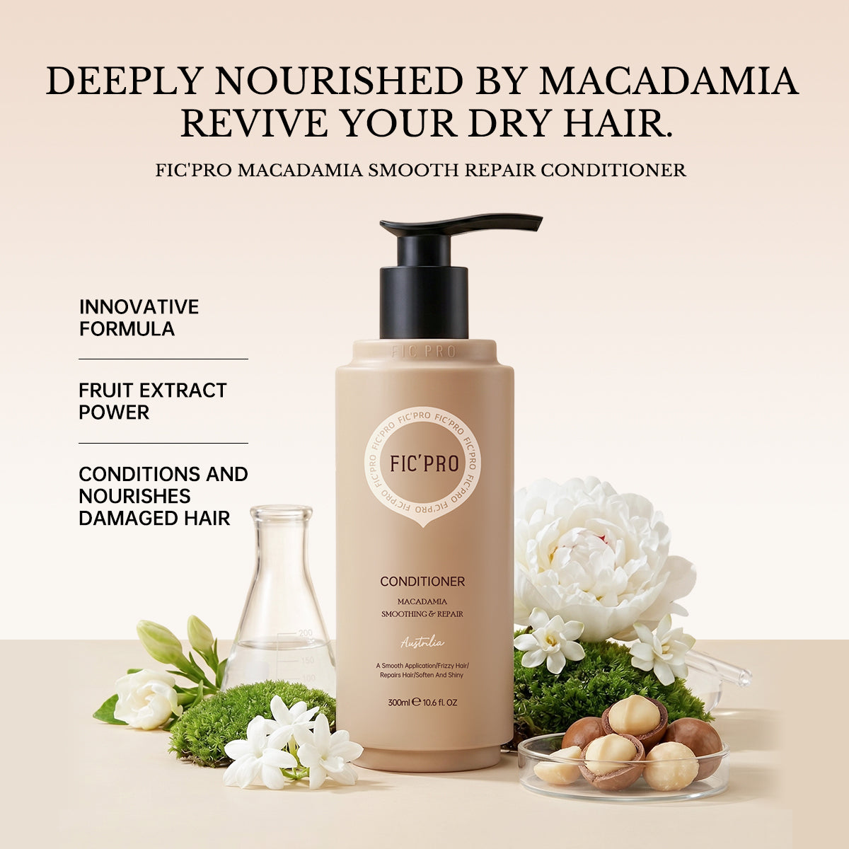FIC'PRO Macadamia Conditioner for Dry & Damaged Hair - Professional Intensive Repair & Smoothing Treatment